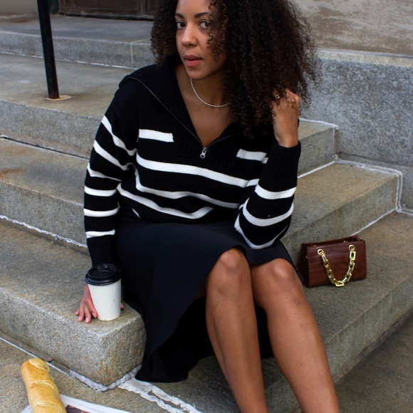 Black and White Striped Pullover Sweater - Picture 2 of 4